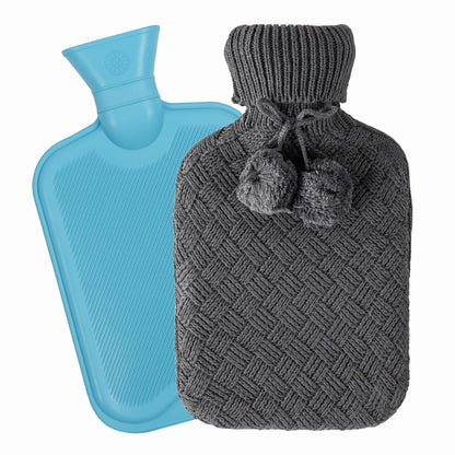 Hot Water Bottle with Knitted Cover - 1.8L - Blue/Dark Grey