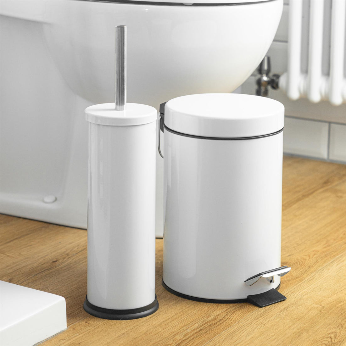 White Round Stainless Steel Toilet Brush &amp; Bin Set