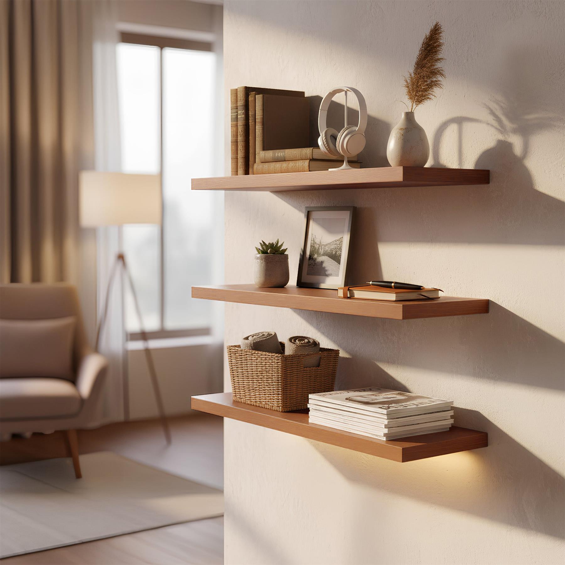 60cm Walnut Modern Floating Shelves - Pack of Three