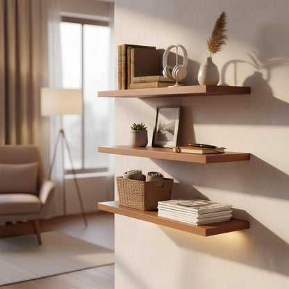 60cm Walnut Modern Floating Shelves - Pack of Three