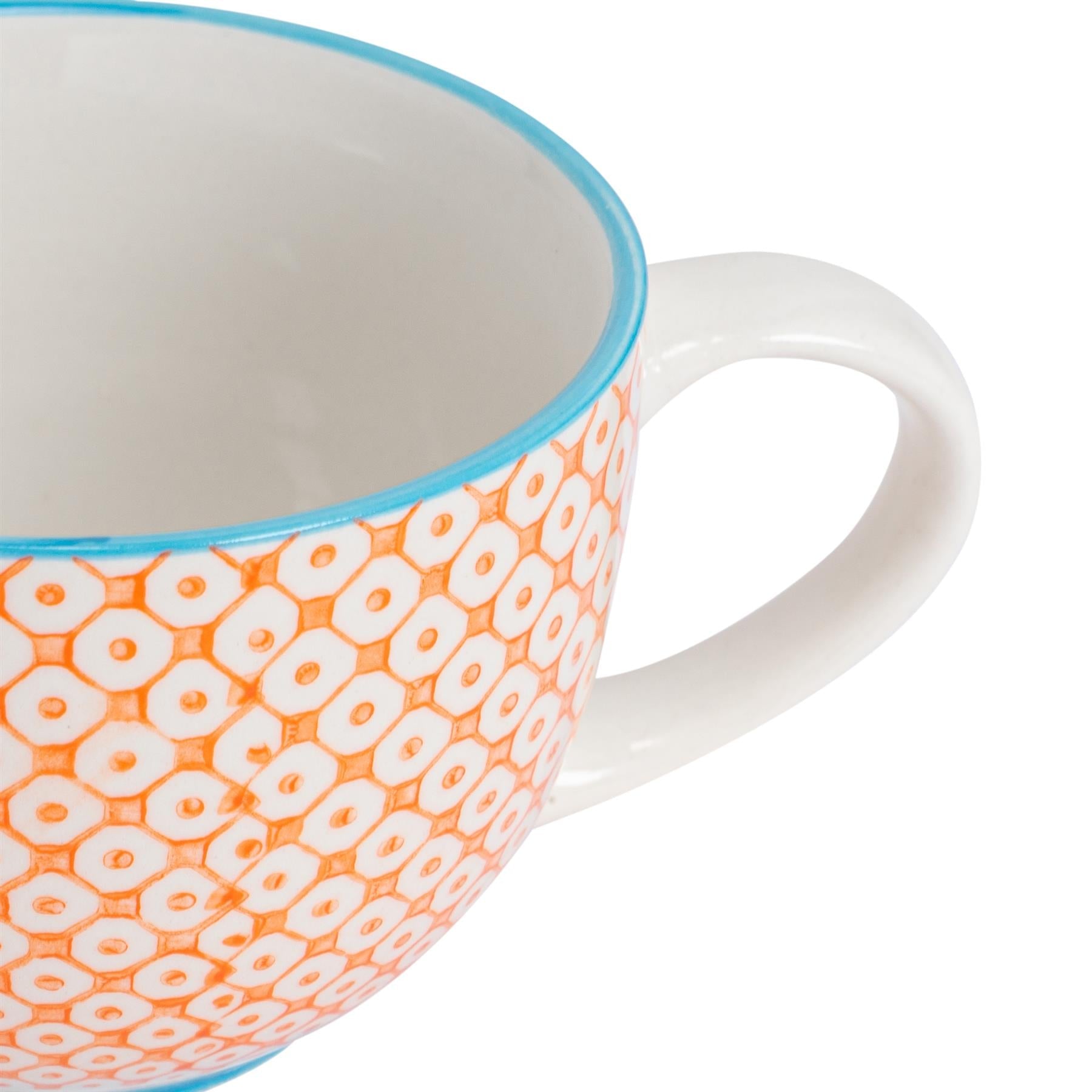 250ml Multicoloured Hand-Printed Stoneware Cappuccino Cups - Pack of Six