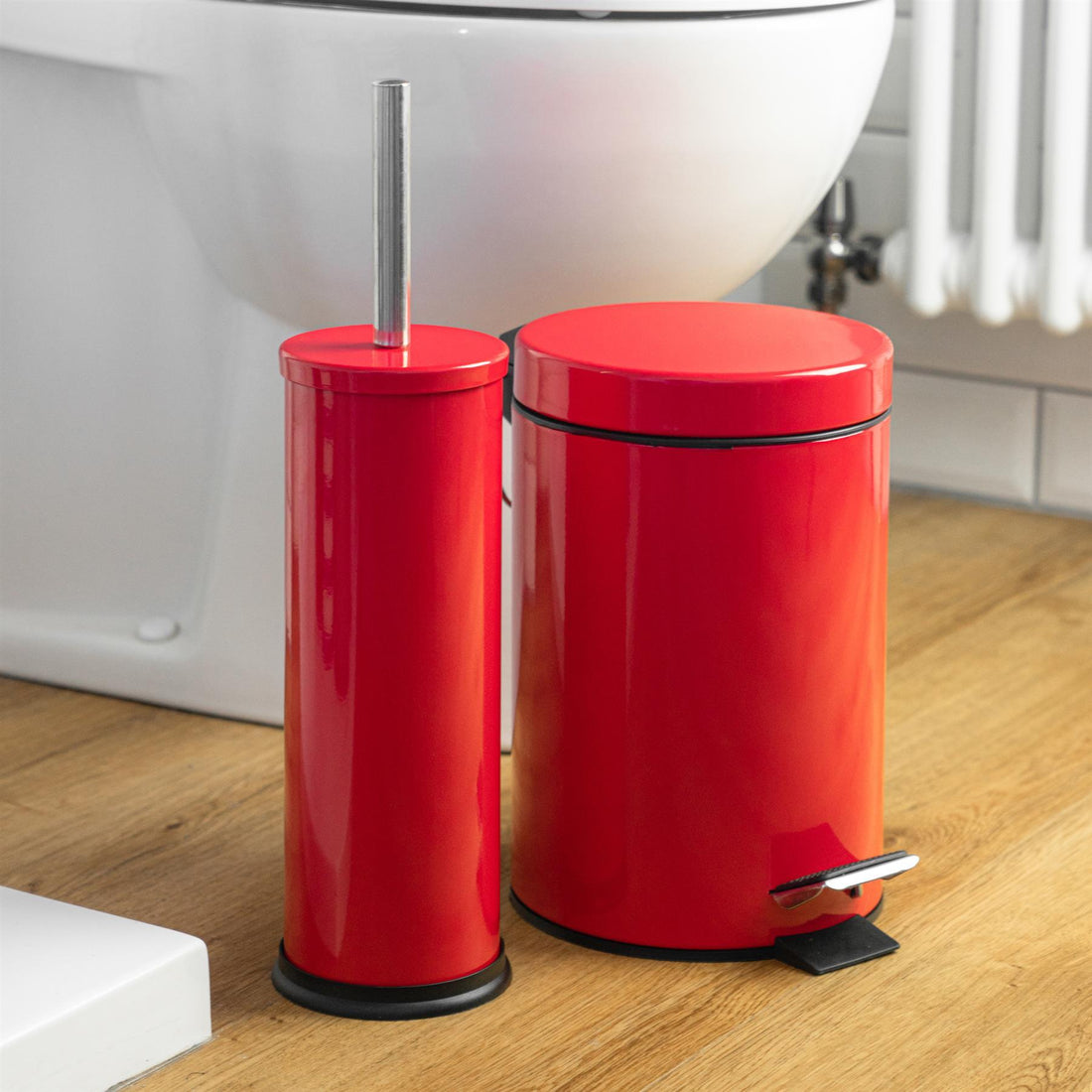 Red Round Stainless Steel Toilet Brush &amp; Bin Set