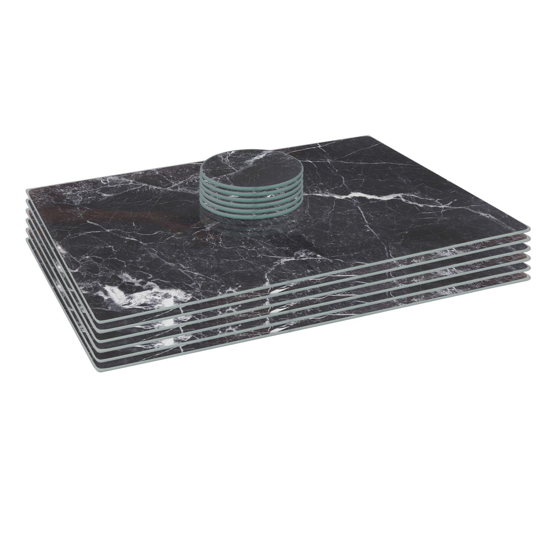 Black Marble-Effect 12-Piece Glass Placemat &amp; Coaster Set - 40cm x 30cm Rectangular Placemats &amp; Round Coasters