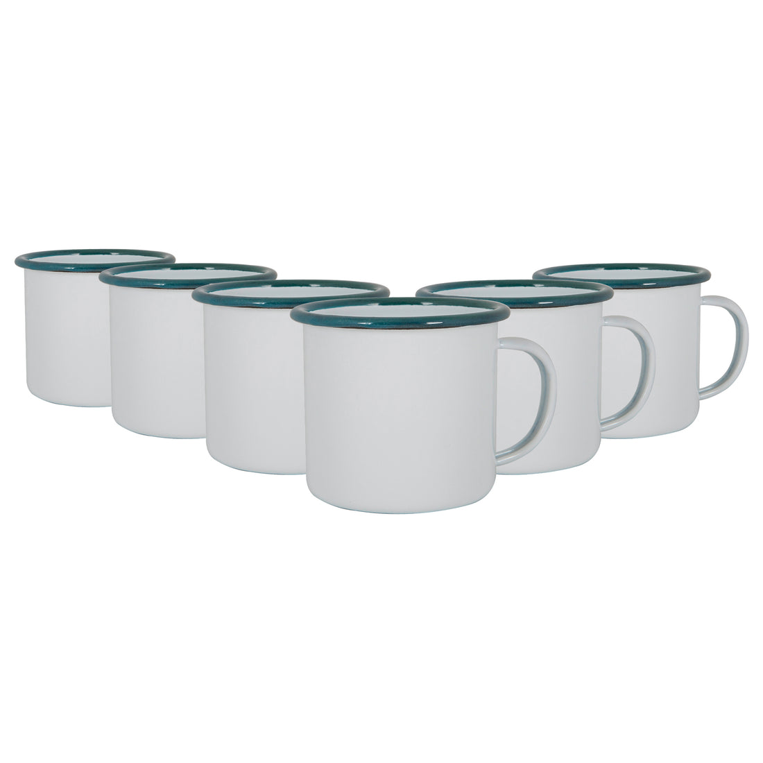 375ml White &amp; Green Enamel Mugs - Pack of 6