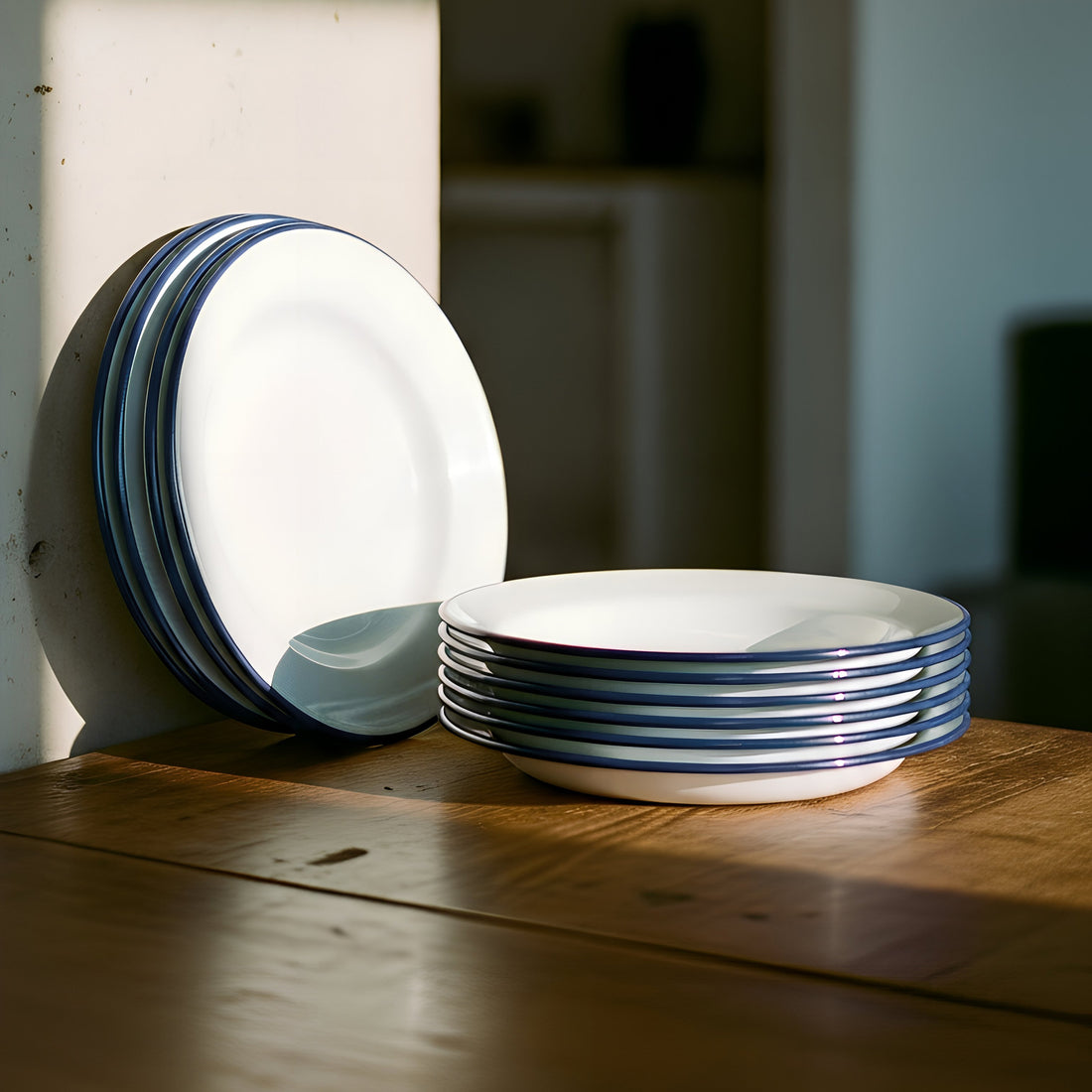 25.5cm White &amp; Blue Enamel Dinner Plates - Pack of 6