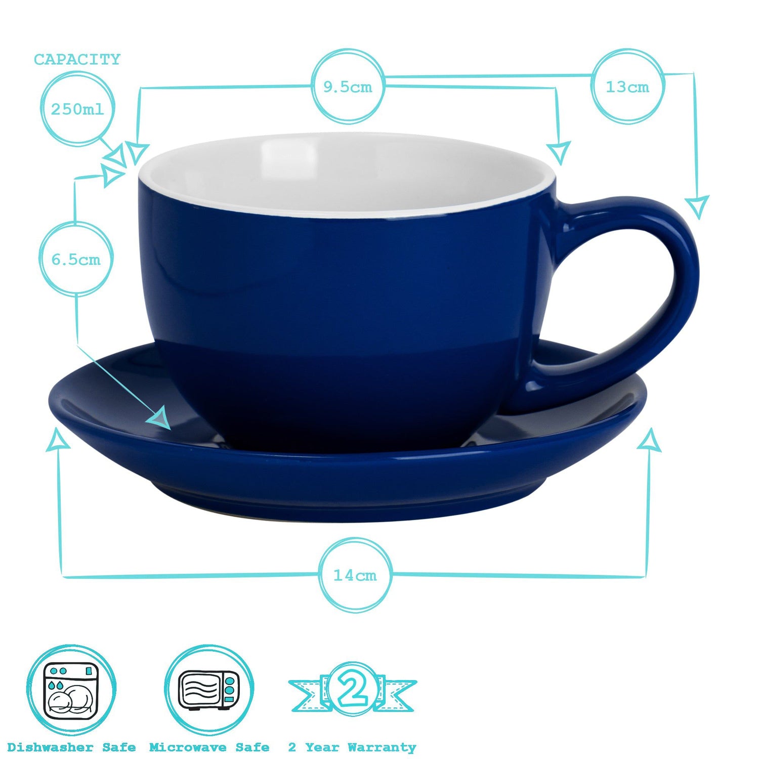 250ml Blue Cappuccino Cups &amp; Saucers - Pack of Six