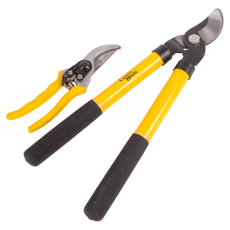 2pc Yellow Carbon Steel Loppers & Secateurs Set - By Green Blade