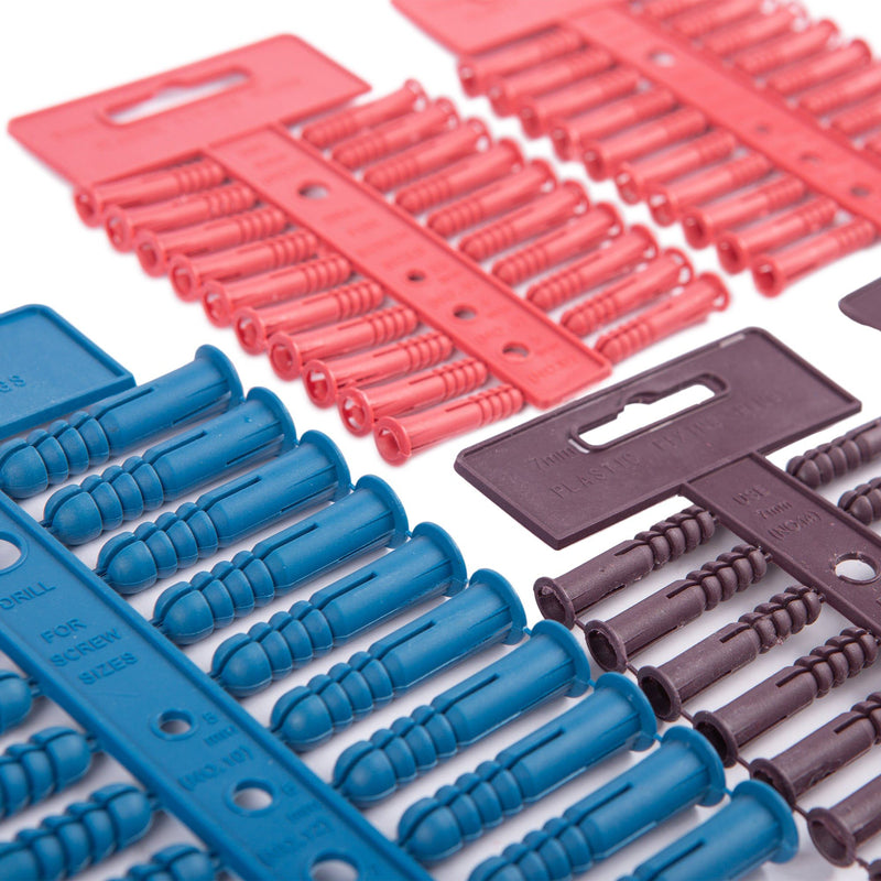 100pc Multicolour Plastic Wall Anchors Set - 3 Sizes - By Blackspur