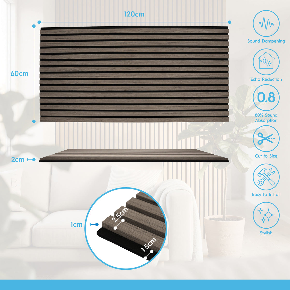 Wooden Acoustic Wall Panels - 120 x 60cm - Grey/Black - Pack of 2