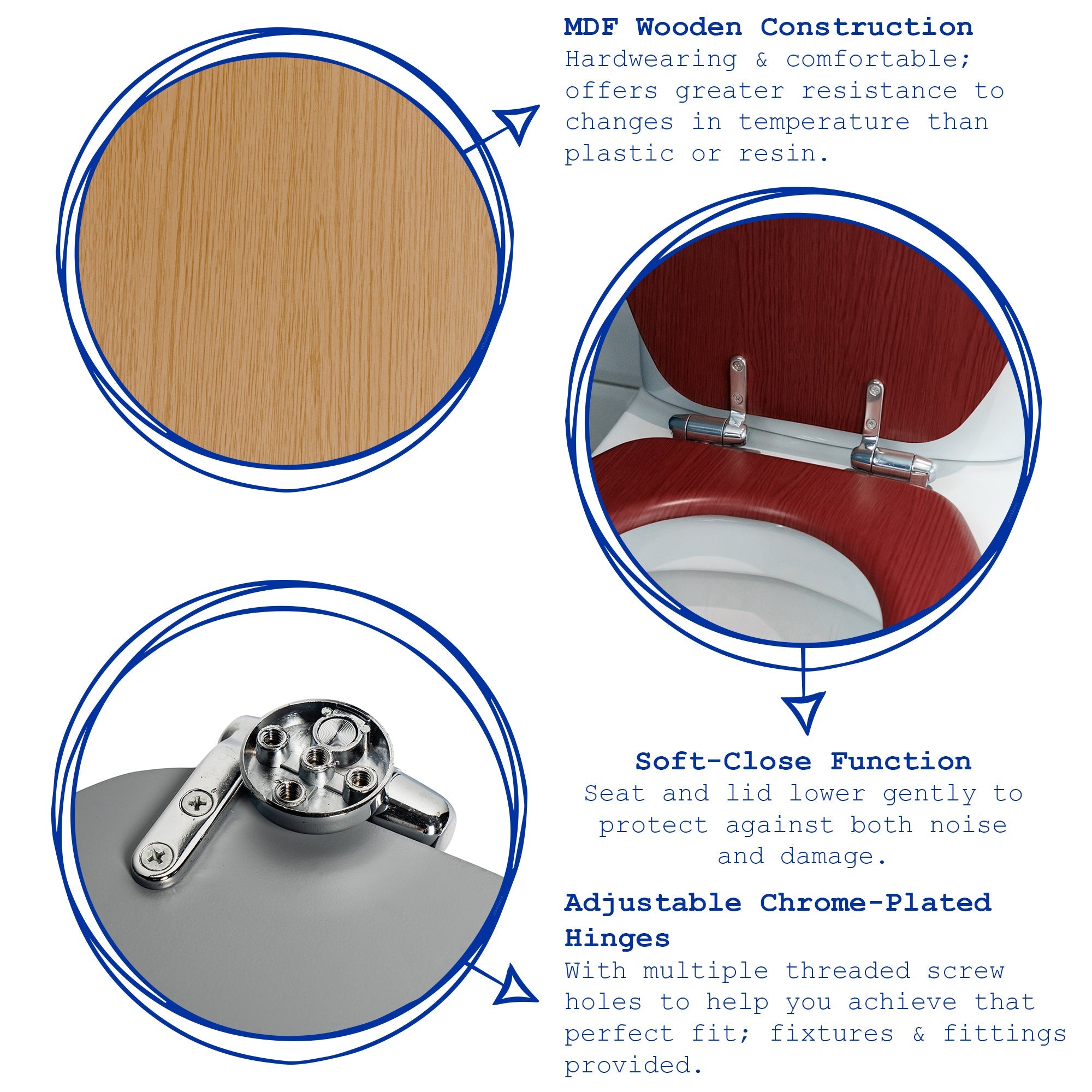 Graphic showing key features of black soft-close tongue and groove MDF wood toilet