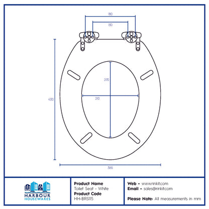 Dimension diagram for Harbour Housewares soft-close tongue and groove MDF wood toilet seat, showing width, length and fixing spread measurements