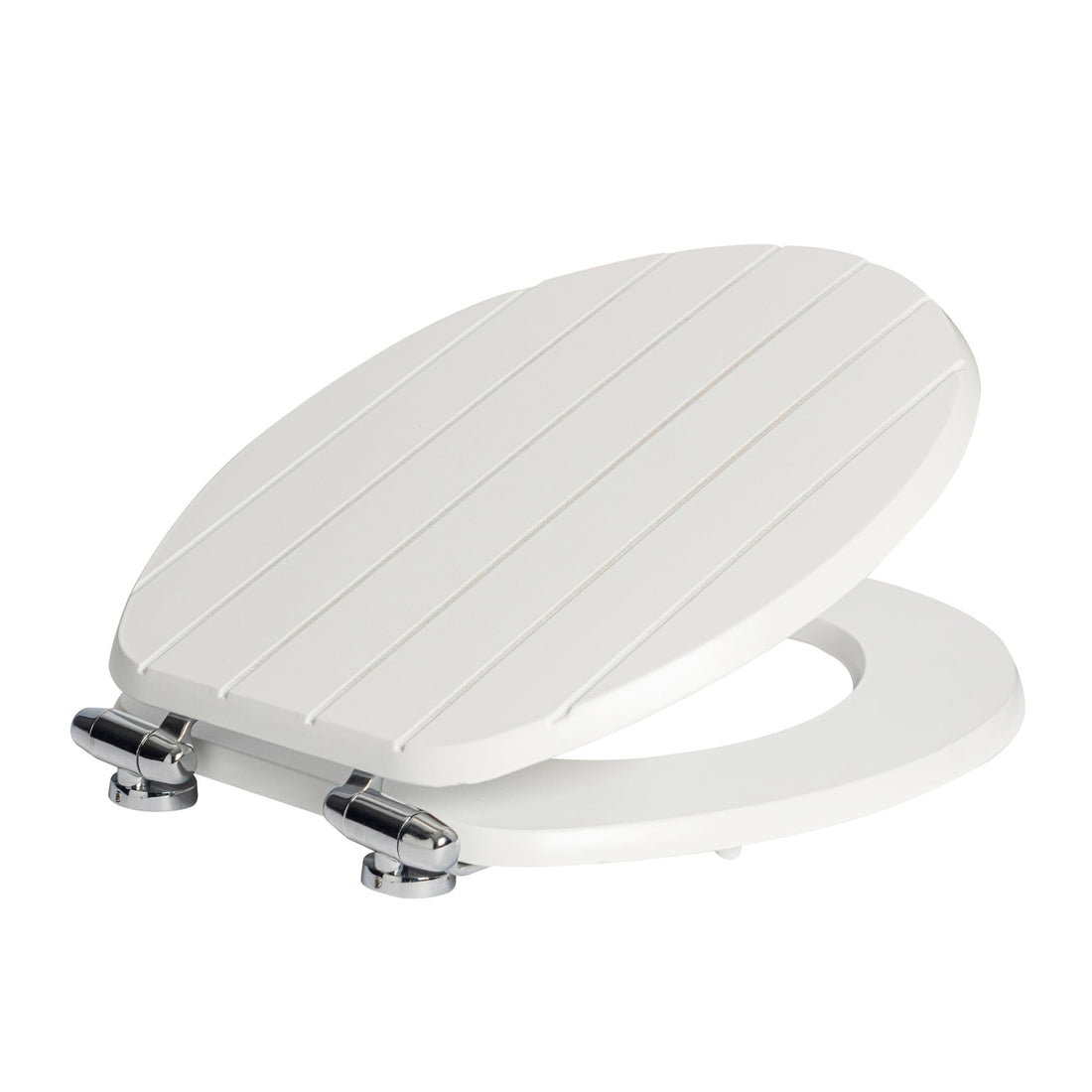 White soft-close tongue and groove MDF wood toilet seat with chrome hinges, from Harbour Housewares, product image on white background