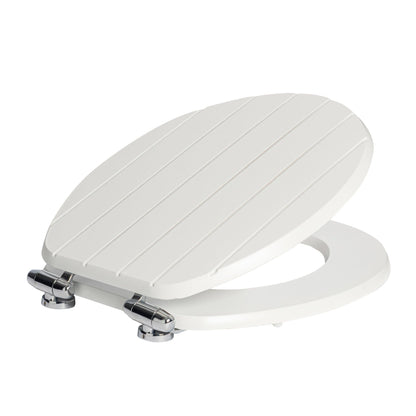 White soft-close tongue and groove MDF wood toilet seat with chrome hinges, from Harbour Housewares, product image on white background