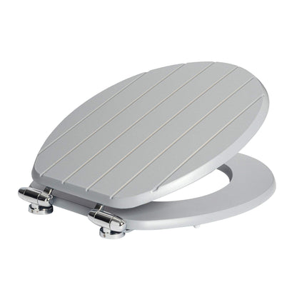 Grey soft-close tongue and groove MDF wood toilet seat with chrome hinges, from Harbour Housewares, product image on white background