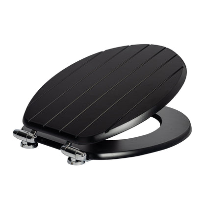 Black soft-close tongue and groove MDF wood toilet seat with chrome hinges, from Harbour Housewares, product image on white background