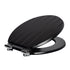 Black soft-close tongue and groove MDF wood toilet seat with chrome hinges, from Harbour Housewares, product image on white background