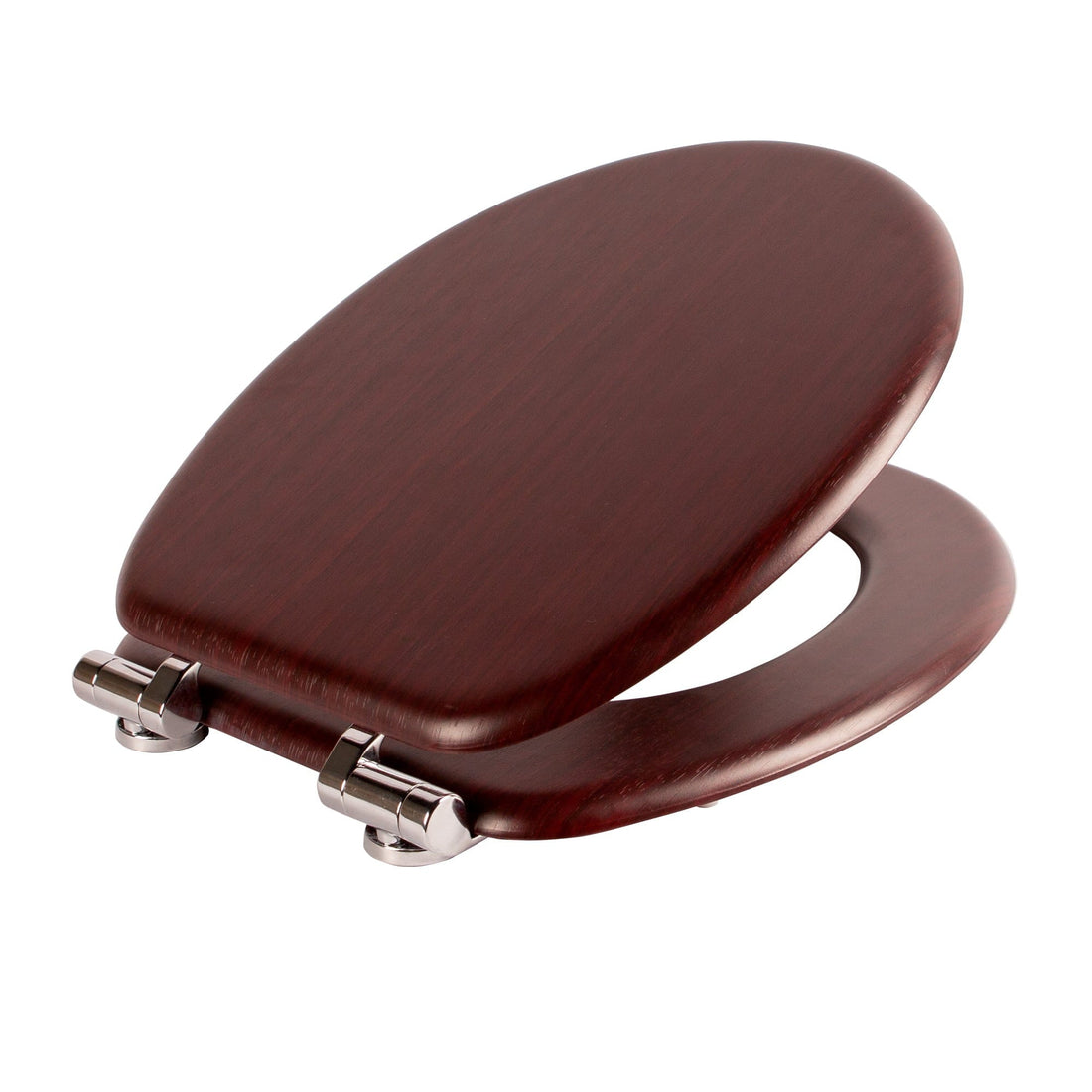 Mahogany soft-close tongue and groove MDF wood toilet seat with chrome hinges, from Harbour Housewares, product image on white background