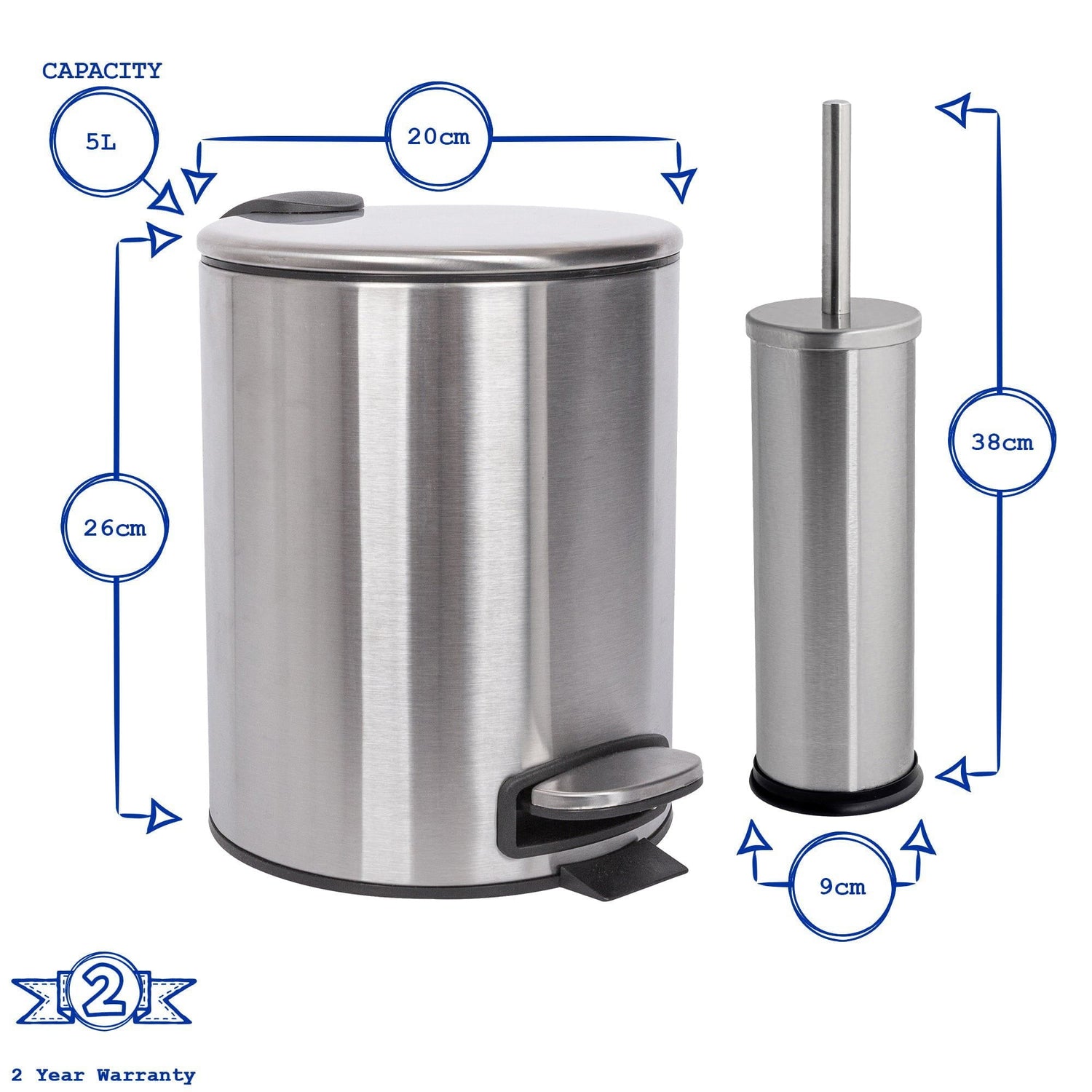 2pc 5L Black Round Stainless Steel Pedal Bin &amp; Toilet Brush Set