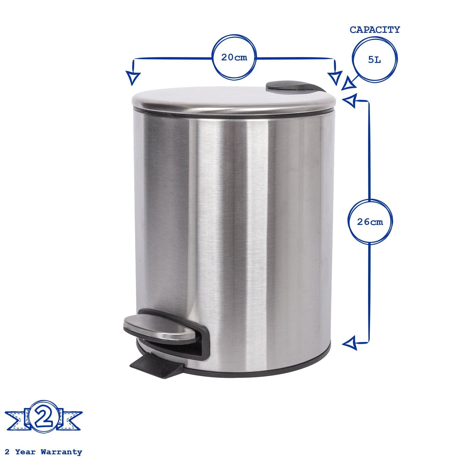 5L White Round Stainless Steel Pedal Bin