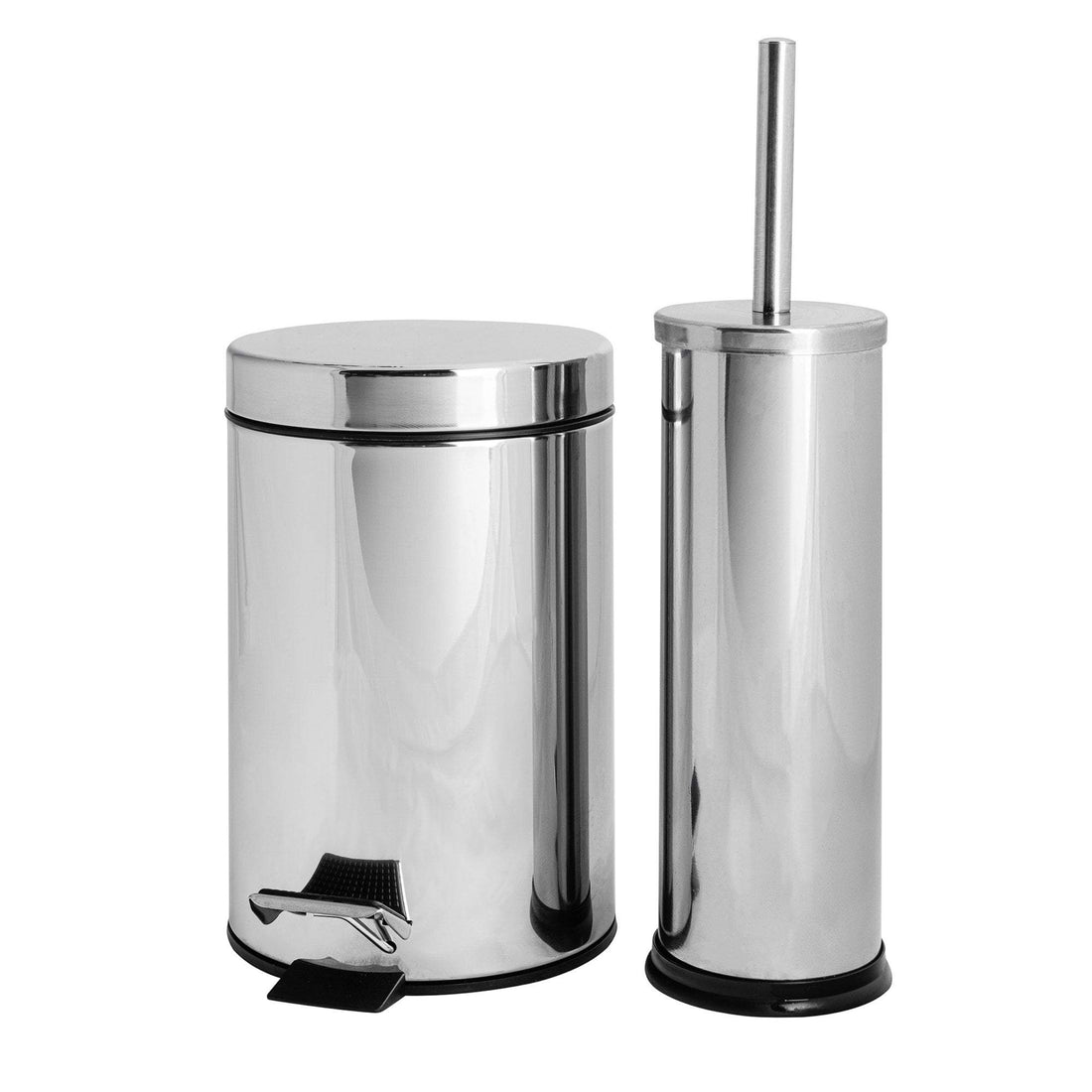 Chrome Round Stainless Steel Toilet Brush &amp; Bin Set