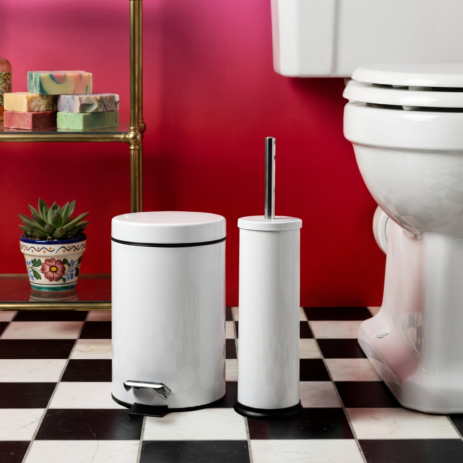 White Round Stainless Steel Toilet Brush &amp; Bin Set
