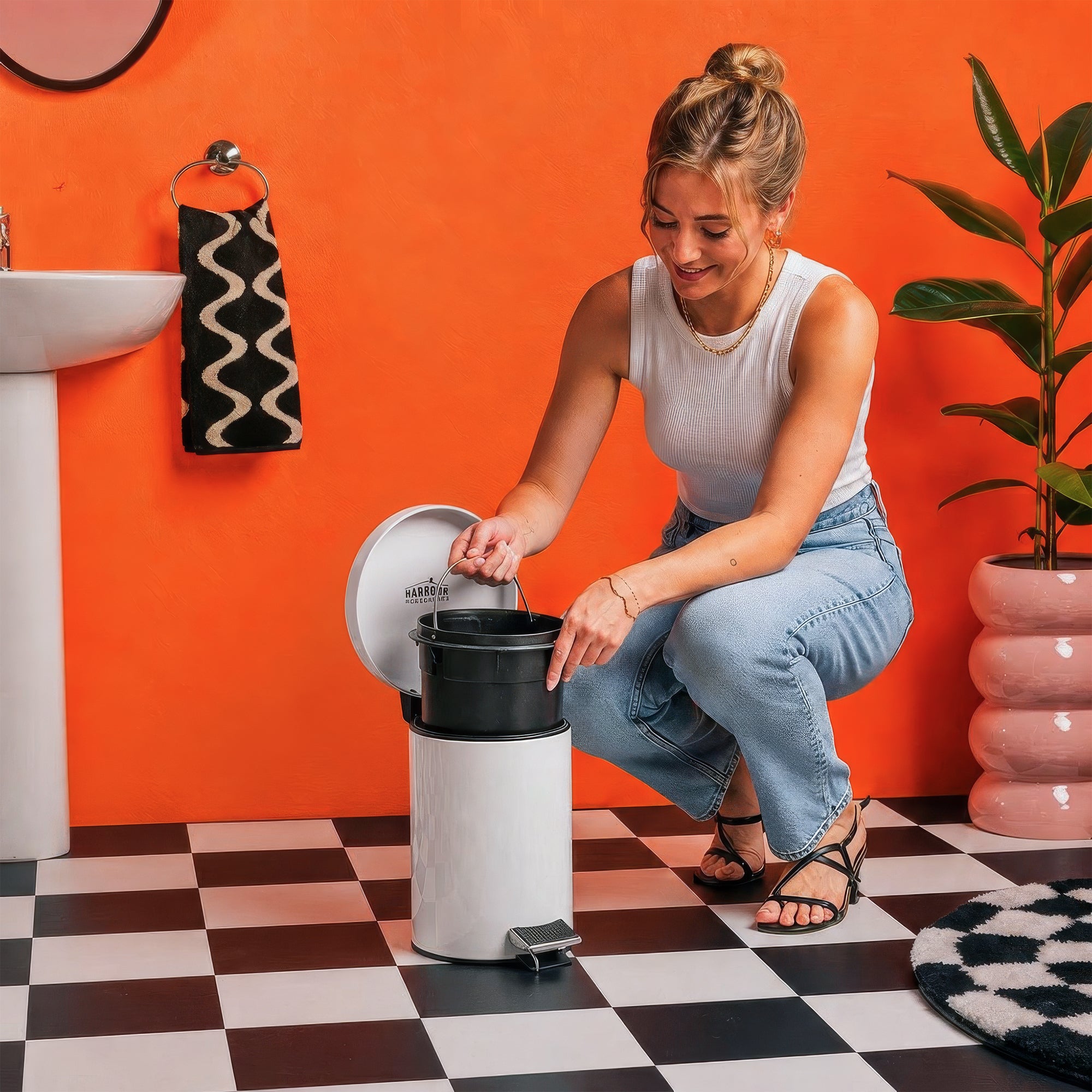Grey Round Stainless Steel Toilet Brush &amp; Bin Set