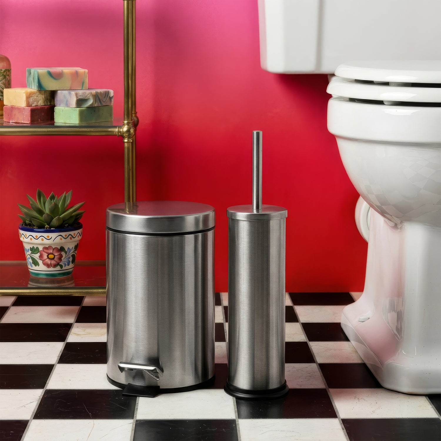 Round Brushed Stainless Steel Toilet Brush &amp; Bin Set
