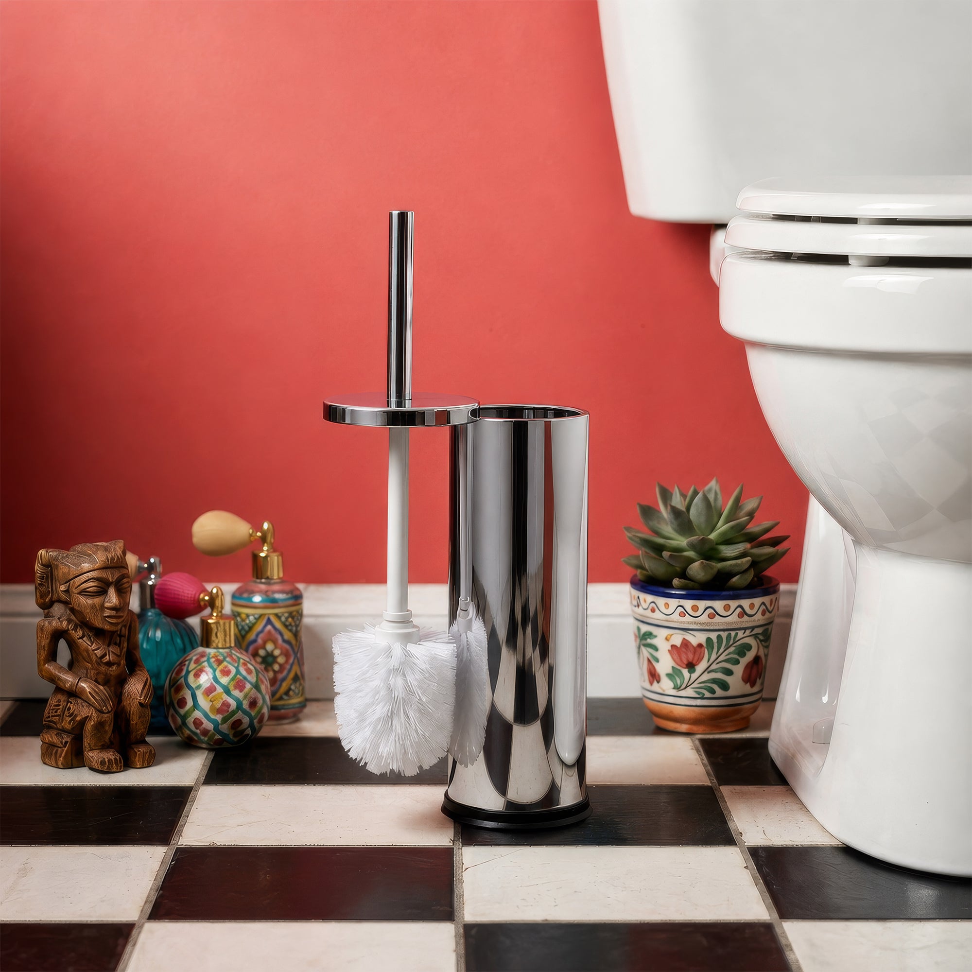 Chrome Round Stainless Steel Toilet Brush &amp; Holder