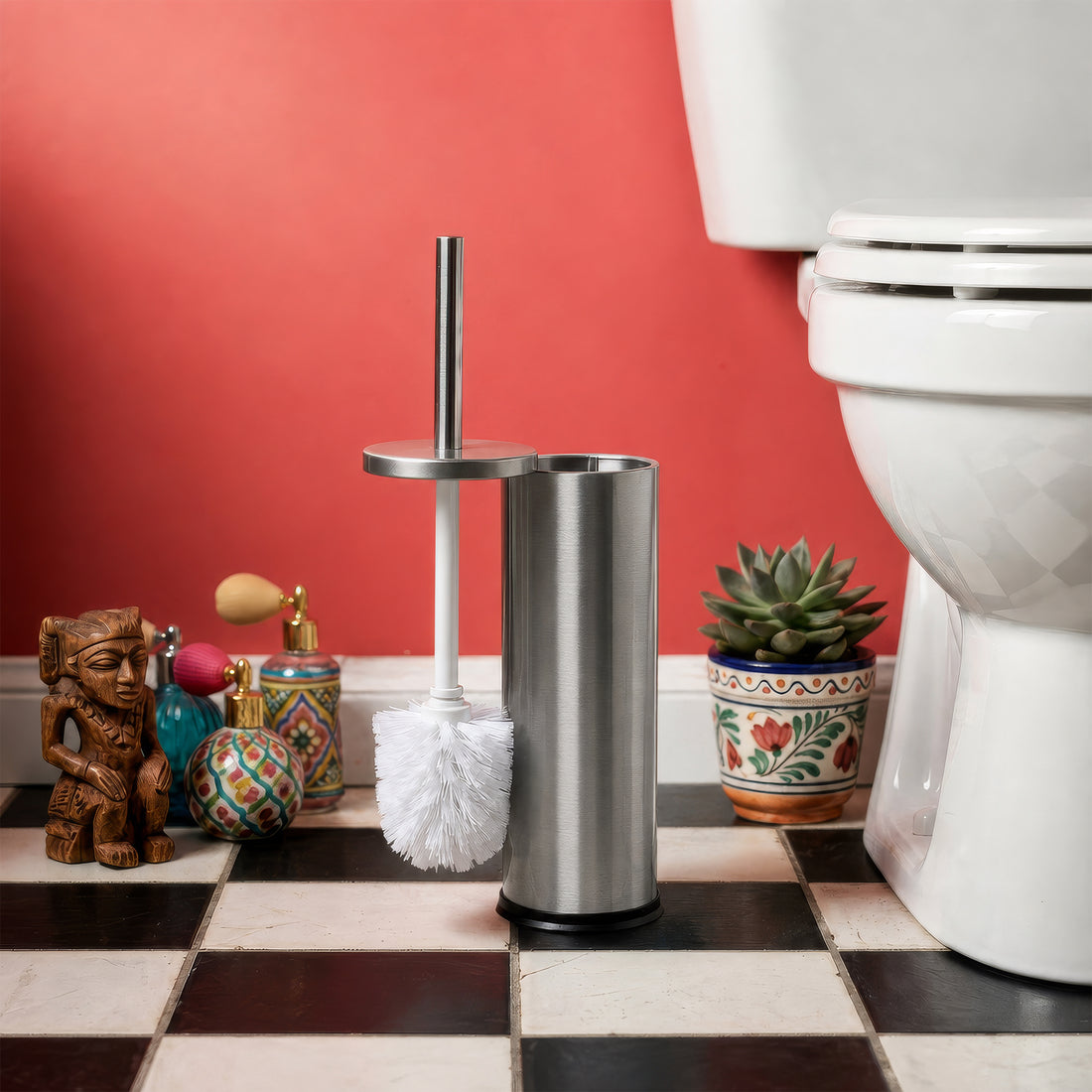 Round Brushed Stainless Steel Toilet Brush &amp; Holder