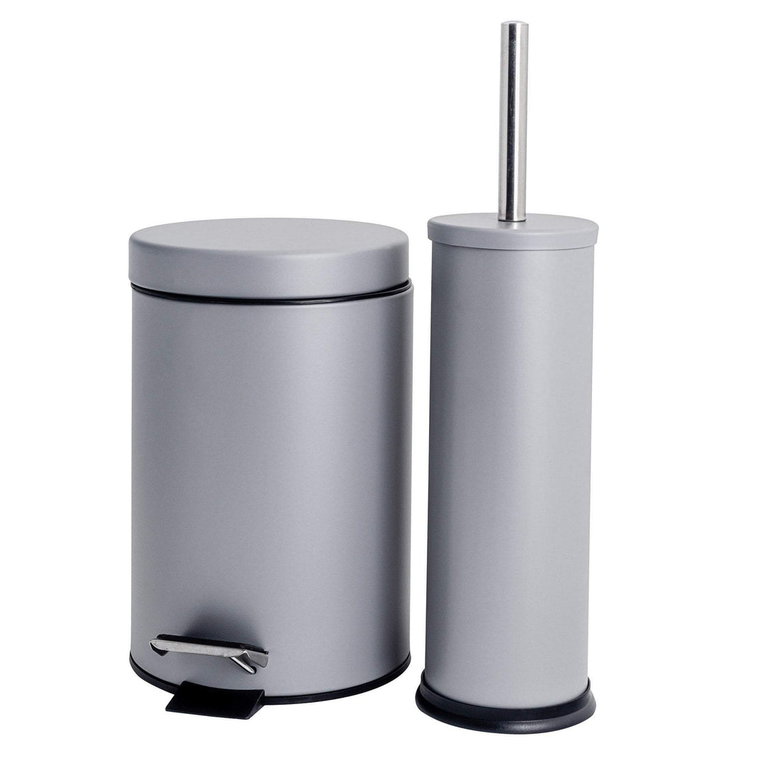 Grey Round Stainless Steel Toilet Brush &amp; Bin Set