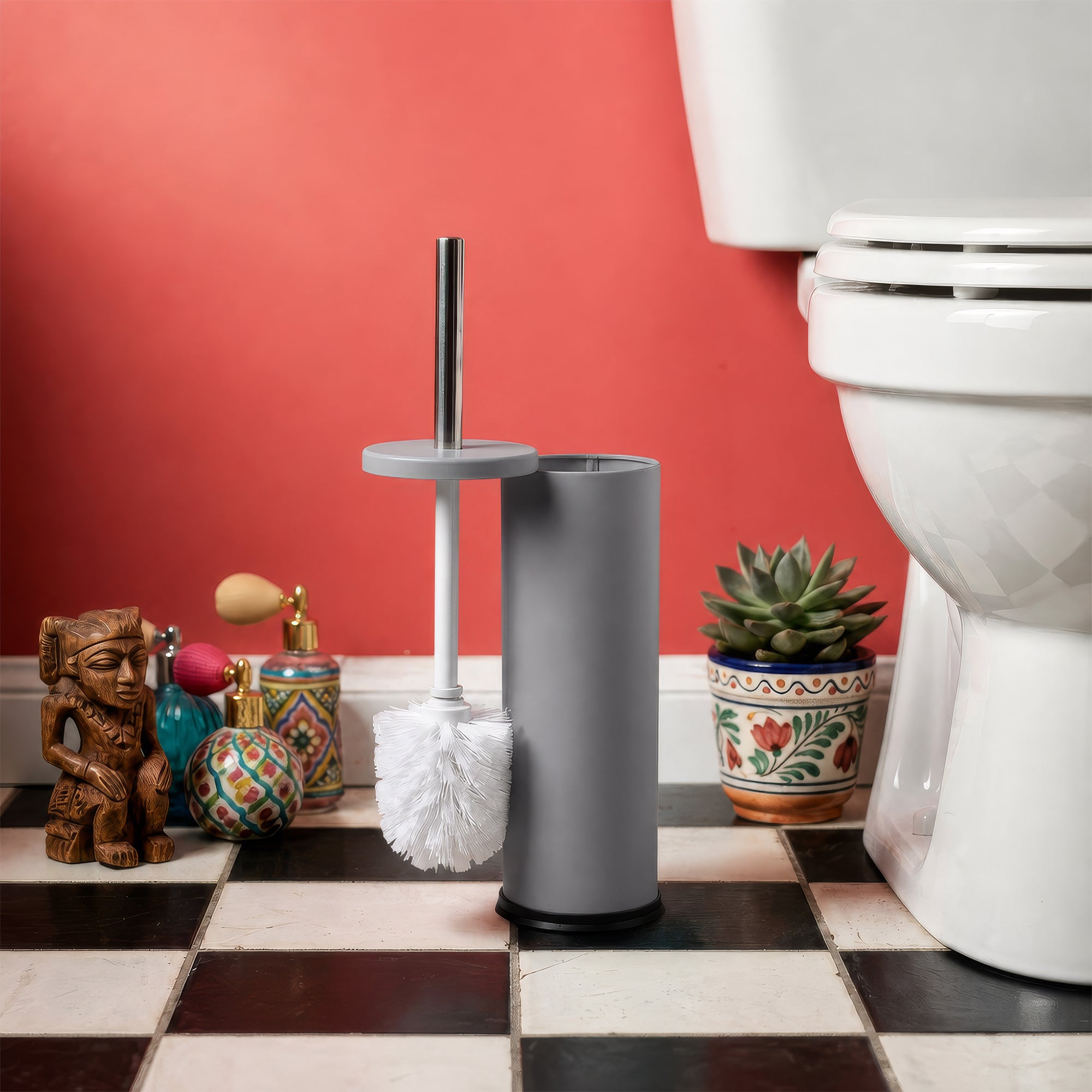 Matt Grey Round Stainless Steel Toilet Brush &amp; Holder