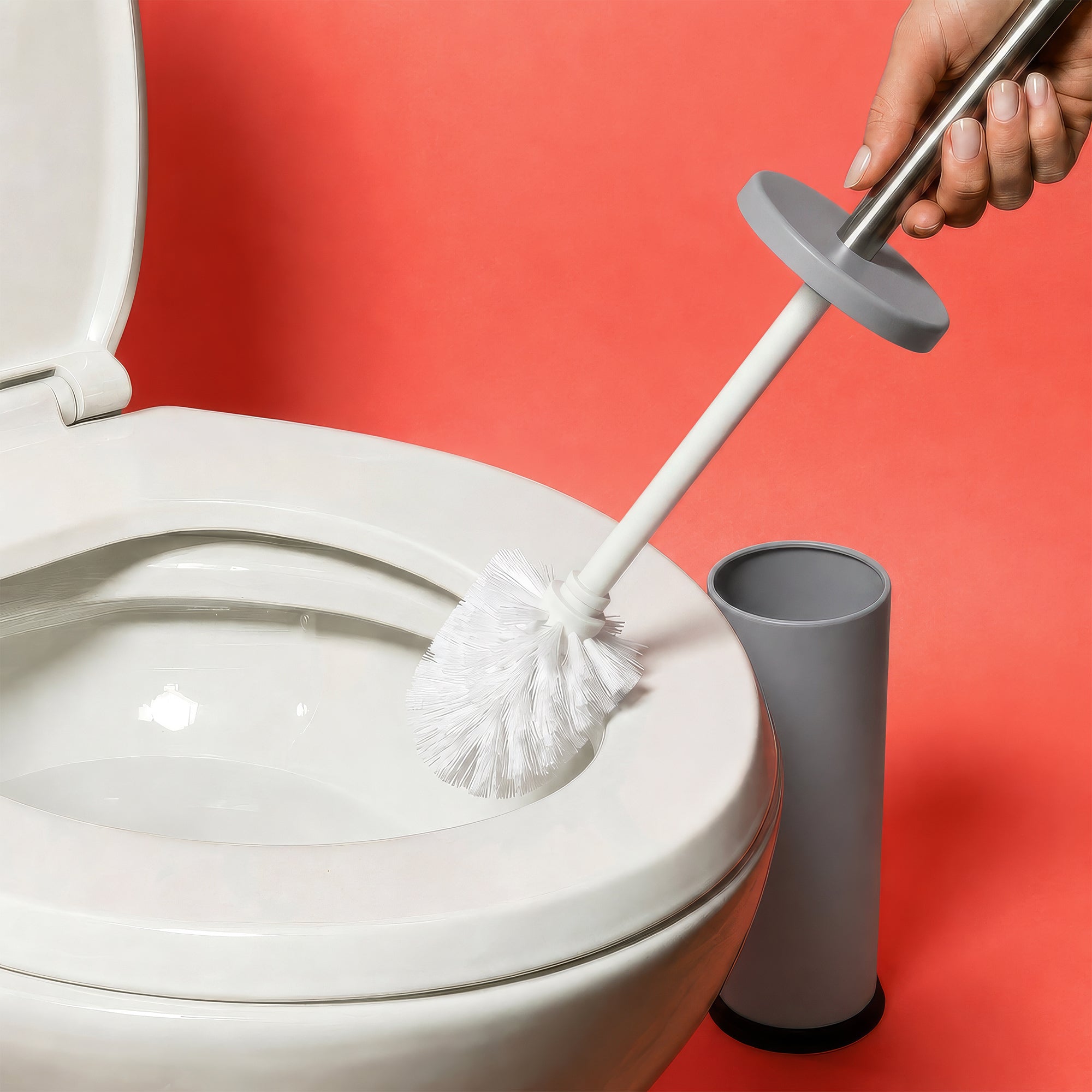 Grey Round Stainless Steel Toilet Brush &amp; Bin Set