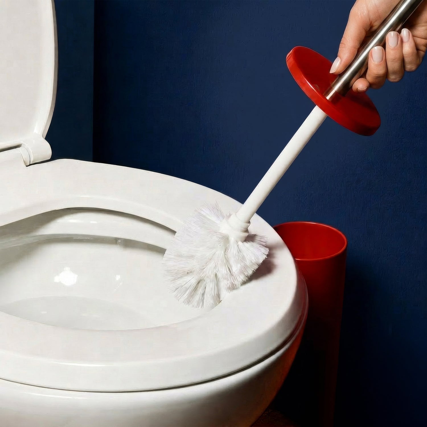 Red Round Stainless Steel Toilet Brush &amp; Holder