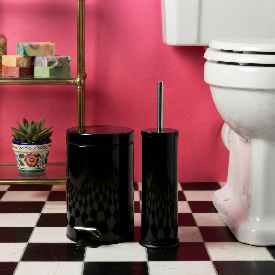 Black Round Stainless Steel Toilet Brush &amp; Bin Set