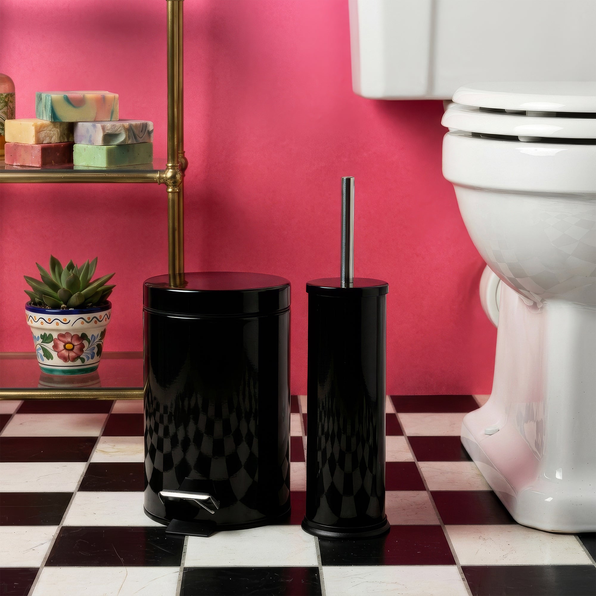 Black Round Stainless Steel Toilet Brush &amp; Bin Set