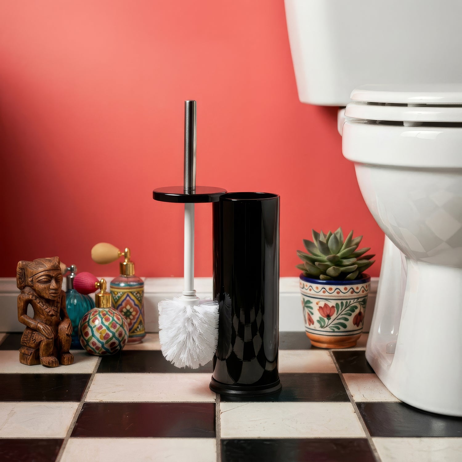 Black Round Stainless Steel Toilet Brush &amp; Holder
