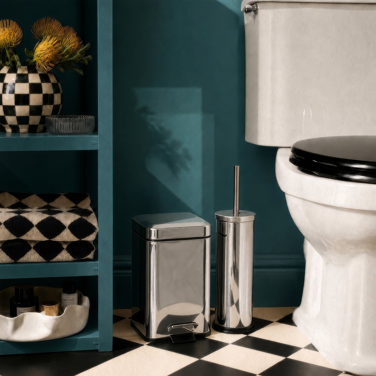 Chrome Round Toilet Brush &amp; Square Bin Set