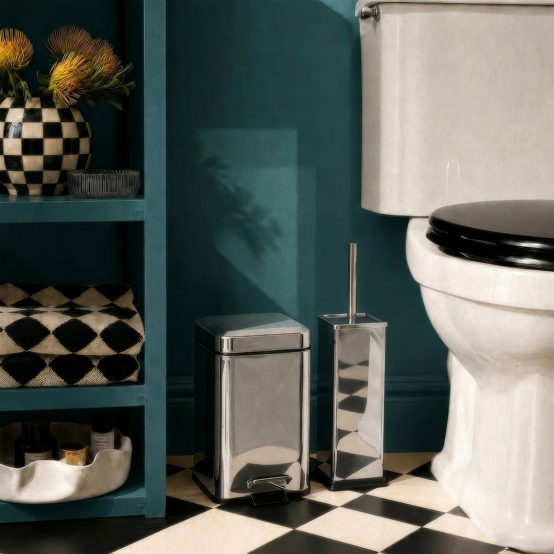 Chrome Square Toilet Brush &amp; Bin Set