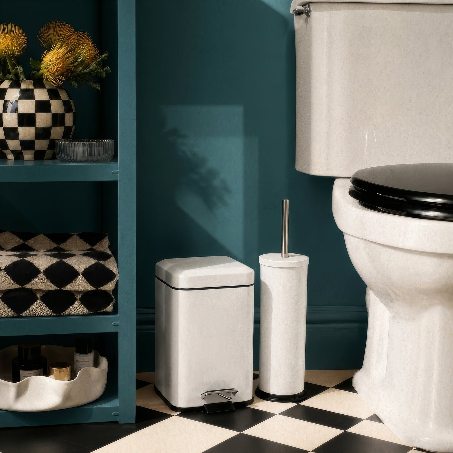 White Round Toilet Brush &amp; Square Bin Set