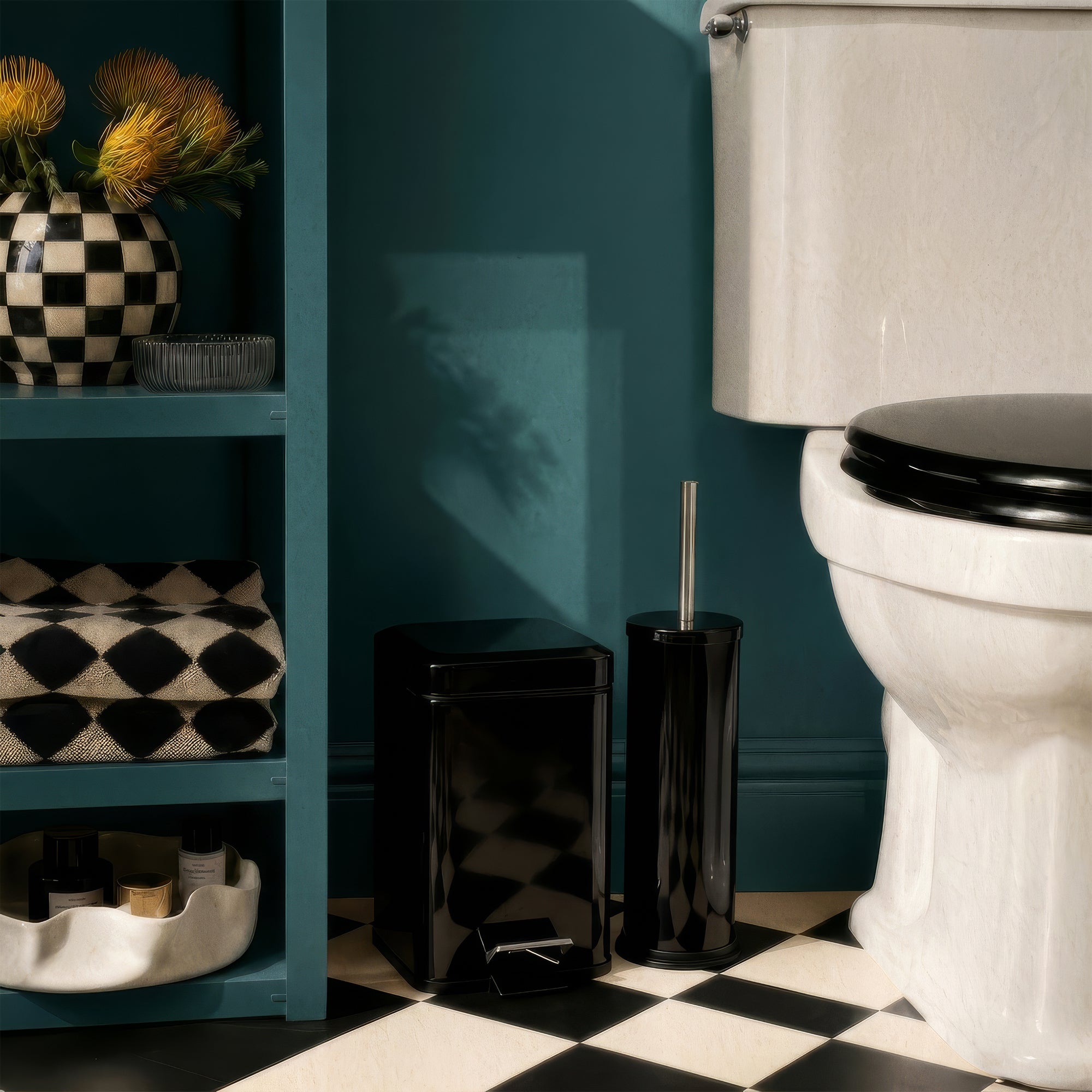 Black Round Toilet Brush &amp; Square Bin Set