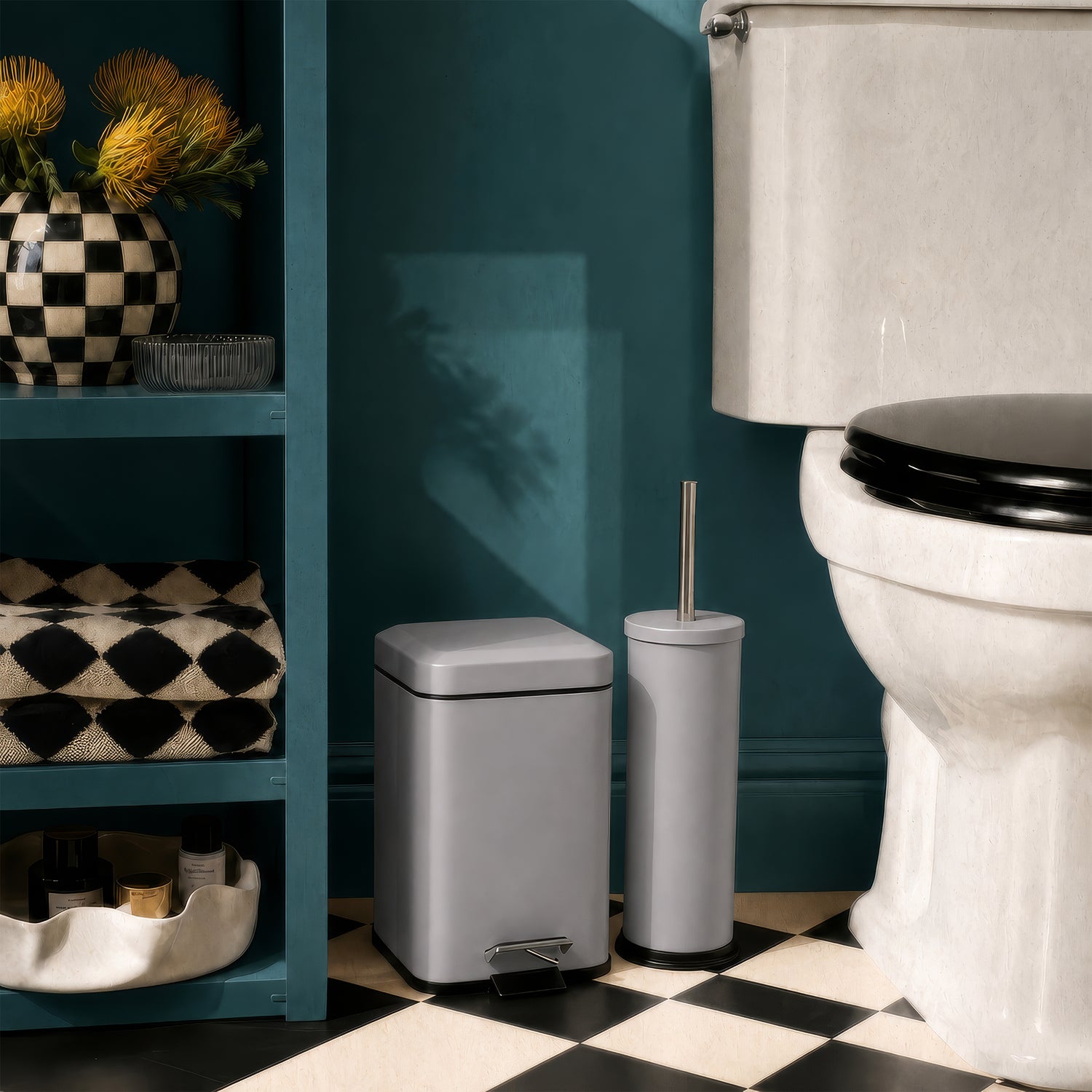 Matt Grey Round Toilet Brush &amp; Square Bin Set