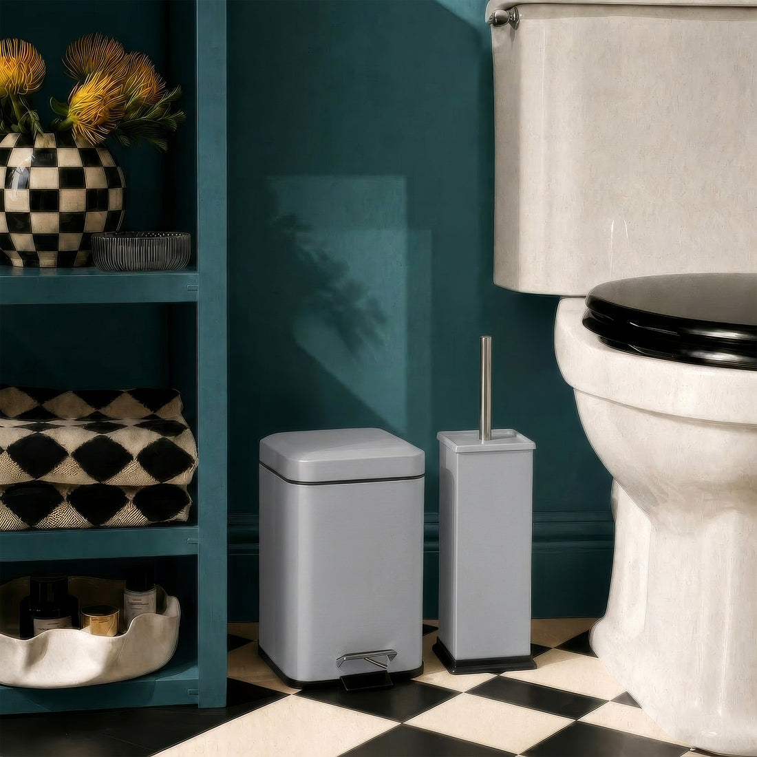 Matt Grey Square Toilet Brush &amp; Bin Set