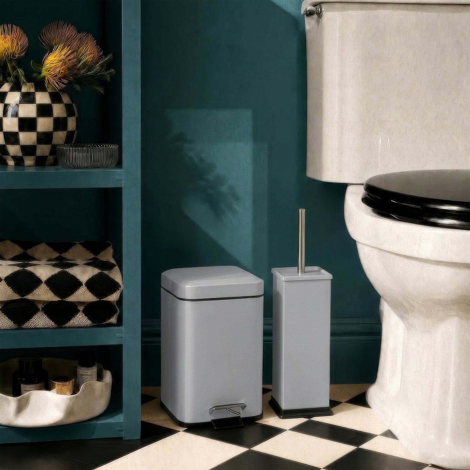 Matt Grey Square Toilet Brush &amp; Bin Set