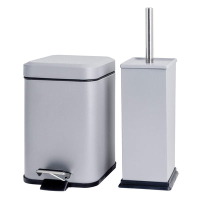 Matt Grey Square Toilet Brush &amp; Bin Set