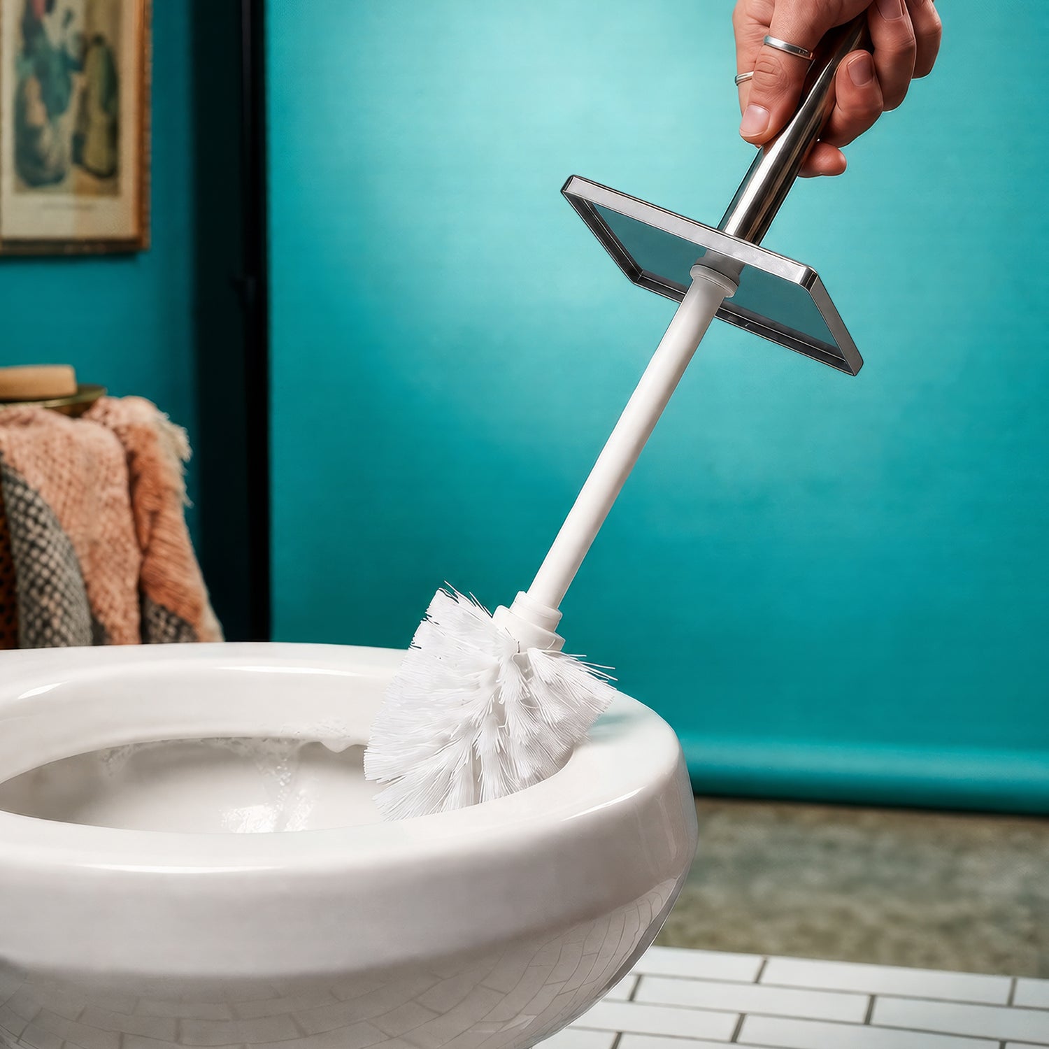 Brushed Steel Square Toilet Brush &amp; Bin Set