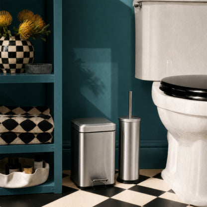 Brushed Steel Round Toilet Brush &amp; Square Bin Set