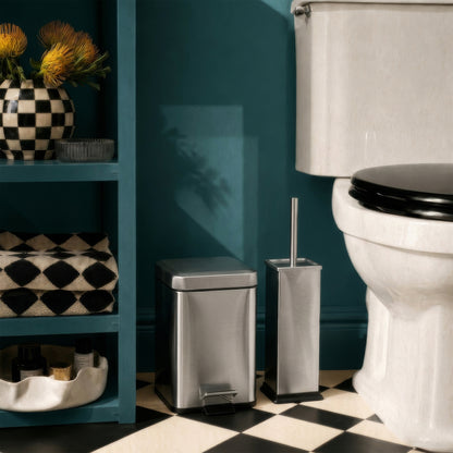 Brushed Steel Square Toilet Brush &amp; Bin Set