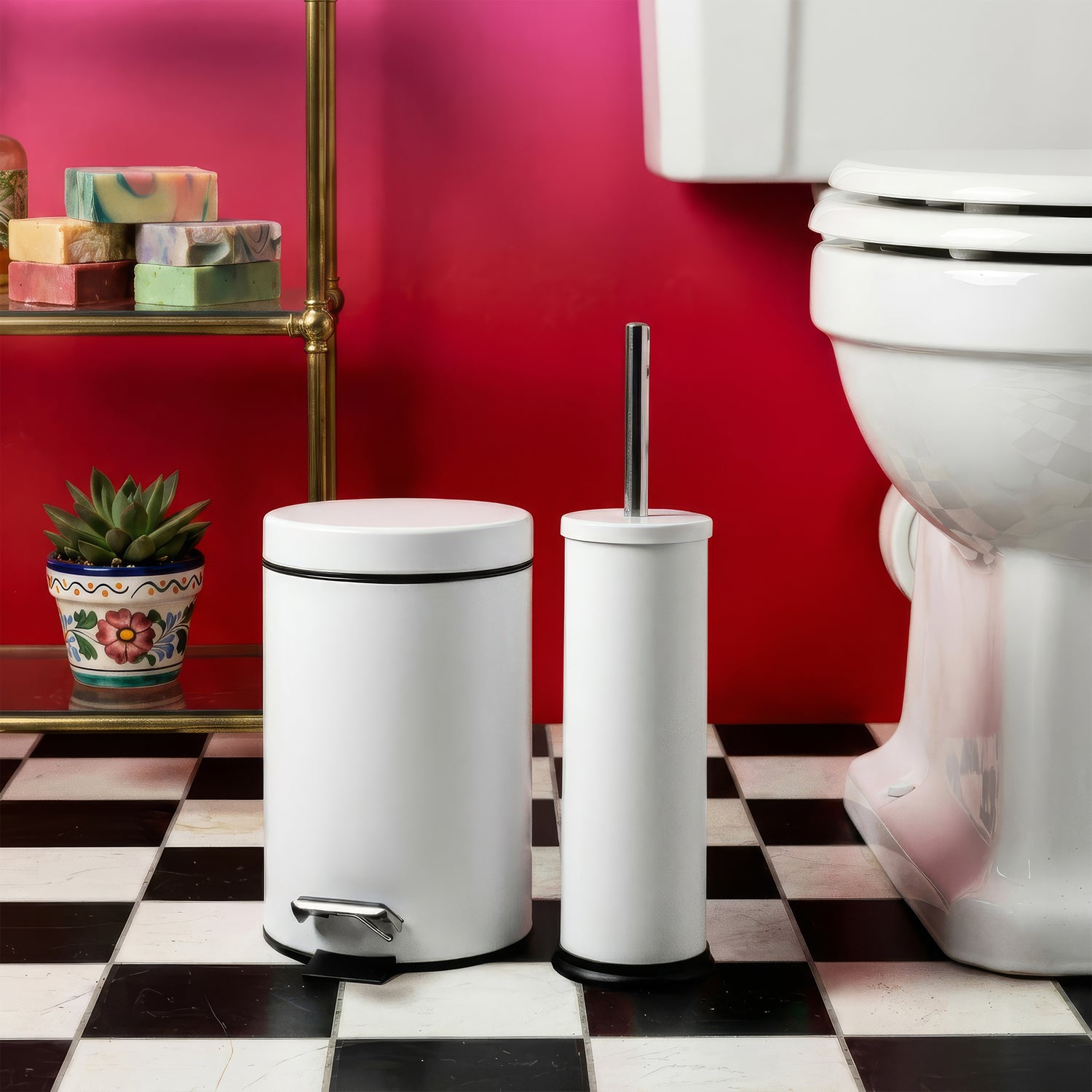 Matt White Round Stainless Steel Toilet Brush &amp; Bin Set