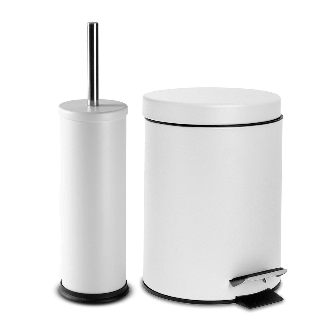 Matt White Round Stainless Steel Toilet Brush &amp; Bin Set