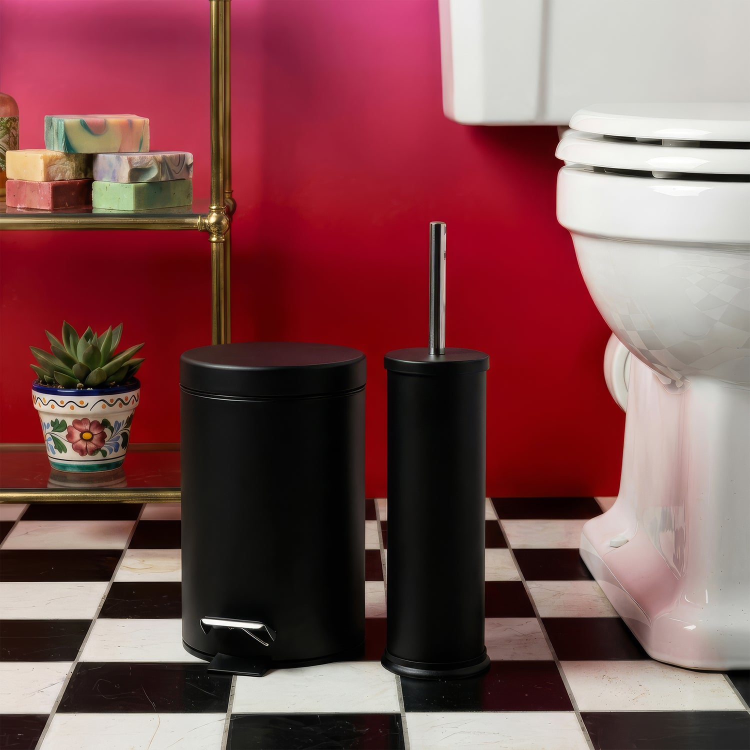 Matt Black Round Stainless Steel Toilet Brush &amp; Bin Set